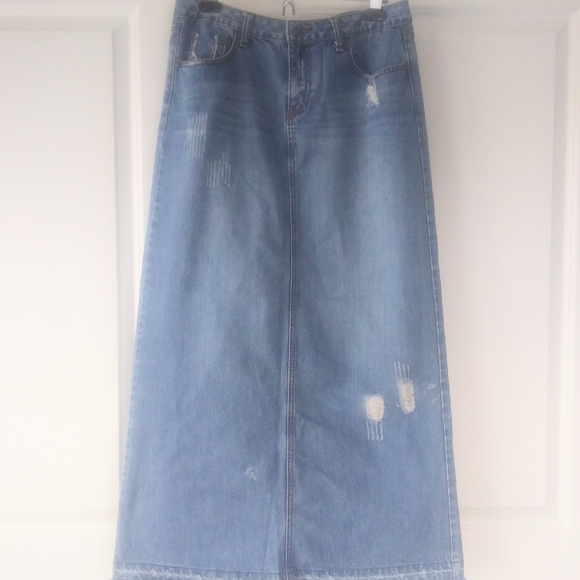 distressed denim maxi skirt